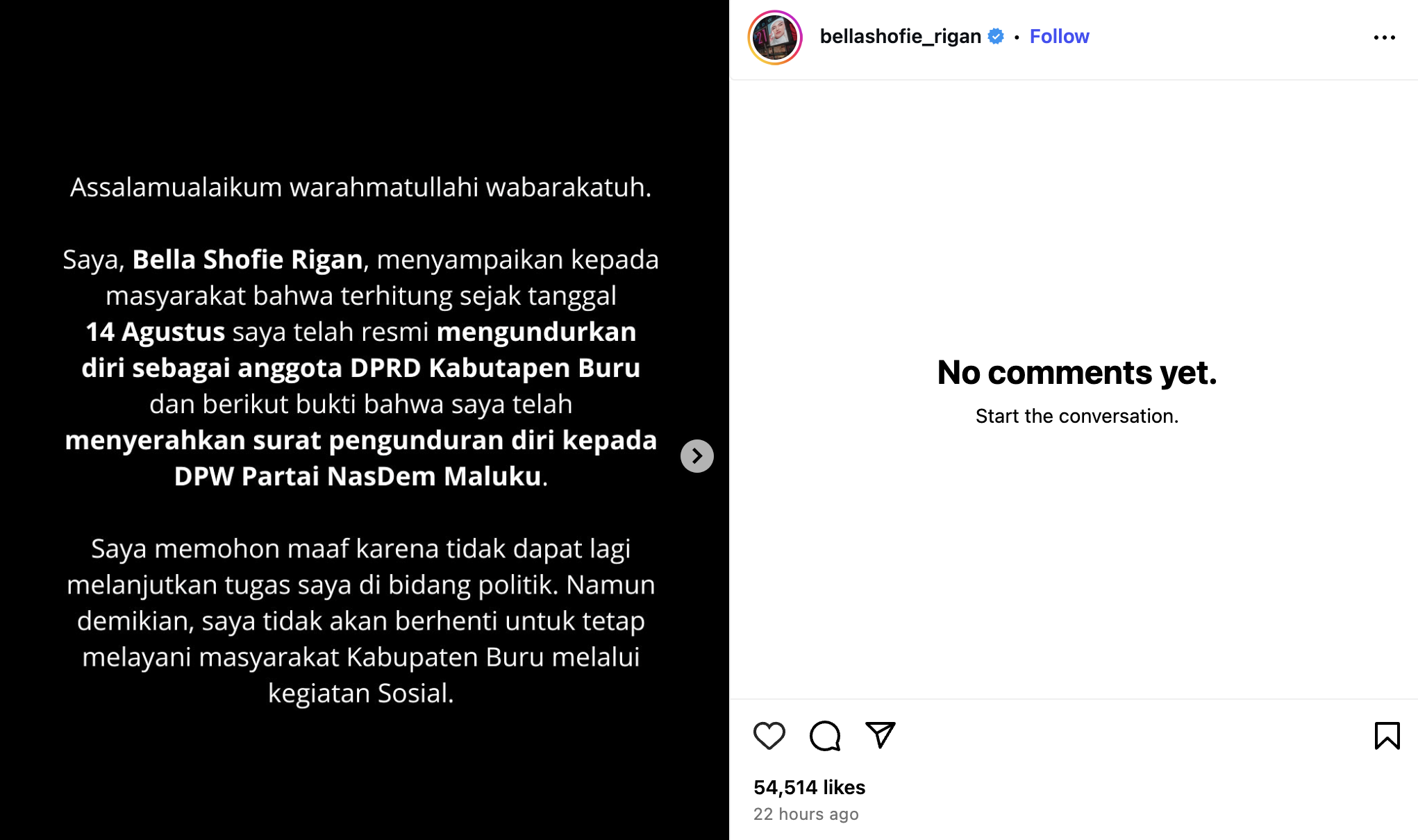 Pernyataan Bella Shofie. (Instagram/@bellashofie_rigan)